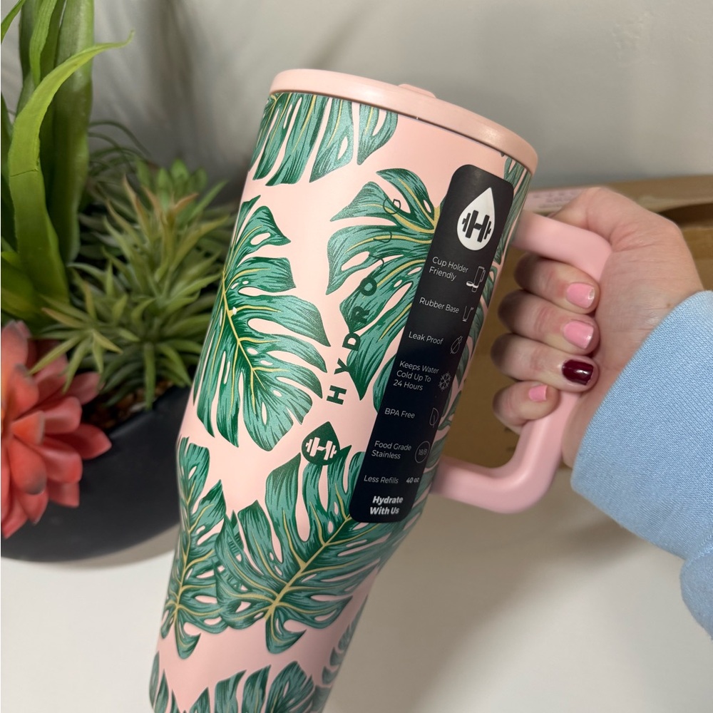 HydroJug Monstera 40oz Pink Bottle with Green Leaf Pattern - Picture 2 of 4